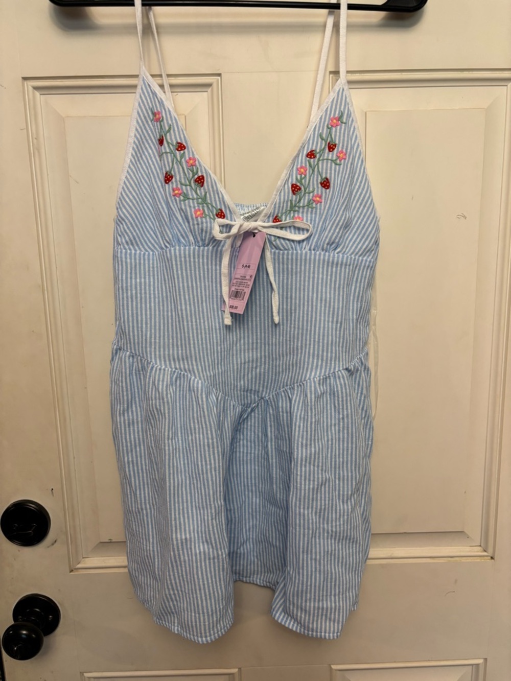 Light Blue Striped Tank/Dress with Strawberry Embroidery